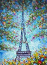 Painting oil Eiffel Tower in spring colorful flowers Spring