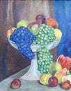 Painting oil on rough canvas. Still life with fruits and vegetables