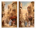 painting old Cairo wall posters. collage of ancient Arabic and Islamic country images