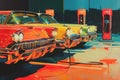 Painting of Old Cars at a Gas Station, Retro-inspired painting of classic cars reincarnated as electric vehicles at charging Royalty Free Stock Photo