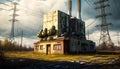 Painting of an old factory in the middle of field. Generative AI Royalty Free Stock Photo