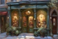 an old fashioned book shop with books on shelves visible in the windows