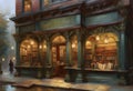 painting of an old fashioned book shop with books on shelves visible in the windows