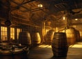 Painting of an old-fashioned Brewery filled with, containers and beer barrels.