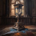 a painting of an old fashioned clock in a room with a stained glass window