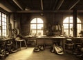 Painting of an old-fashioned leather working workshop depicting a rustic, timeworn space filled with the tools and equipment of a