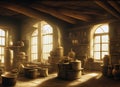 Painting of an old-fashioned pottery workshop depicting a timeworn space filled with pots jars and equipment of a bygone era. Royalty Free Stock Photo