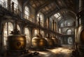 Painting of an old-fashioned whiskey distillery filled with copper stills and pipes