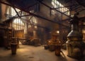 Painting of an old-fashioned whisky distillery filled with copper stills, containers and barrels. Royalty Free Stock Photo