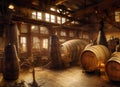 Painting of an old-fashioned whisky distillery filled with copper stills, containers and barrels. Royalty Free Stock Photo