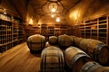 Painting of an old-fashioned wine cellar filled with containers bottles and barrels. Royalty Free Stock Photo