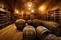 Painting of an old-fashioned wine cellar filled with containers bottles and barrels.