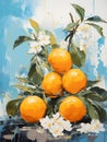 A Painting Of Oranges On A Branch With White Flowers