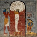 Painting of Osiris, Khnum, and Neseret in Rameses I tomb number 16 in the Valley of the Kings in Luxor, Egypt.