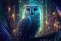 a painting of an owl sitting in a tree with a colorful background of lights in the background and a blurry image of a forest with Royalty Free Stock Photo