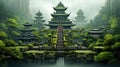 A painting of a pagoda in the middle of a forest, AI