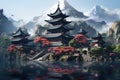 A painting of a pagoda in the middle of a lake, AI