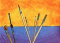 Painting of paint brushes as reeds against an imaginary background.