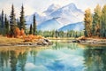 painting painted in colors of the river bed surrounded by pine trees in a romantic scene