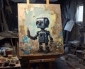 Painting with a painted robot in the workshop.