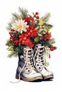 A painting of a pair of boots with flowers.