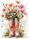 A painting of a pair of boots with flowers in them