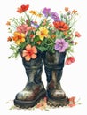 A painting of a pair of boots with flowers in them