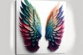 a painting of a pair of colorful wings on a white background with a white frame on the wall of a room with a white wall and a