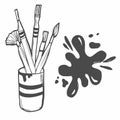 Painting. Palette, set of brushes and tubes with paint. Sketch. Engraving style. Vector illustration