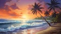 a painting of palm trees on a beach at sunset with a boat in the water. generative ai Royalty Free Stock Photo