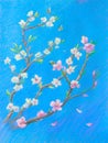 Painting pastel on paper `Blooming branches against the blue sky. Spring`.