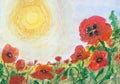 Painting pastels and watercolor on paper `Poppies under hot sun`