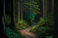 a painting of a path in a forest with trees and ferns on both sides of it and a path leading to the right Royalty Free Stock Photo