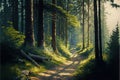 a painting of a path in a forest with trees and grass on both sides of it and a path leading to the right Royalty Free Stock Photo