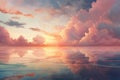 Painting of a Peaceful Sunset Casting Its Colors Over a Calm Body of Water, A tranquil depiction of soft, blending hues