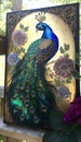 a painting of a peacock with a crown on its head