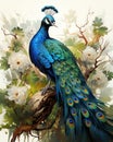 a painting of a peacock sitting on a branch with flowers. generative ai