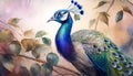 a painting of a peacock sitting on a branch with leaves. generative ai