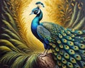 A painting of a peacock sitting on a rock. Beautiful picture of peacock.