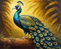 A painting of a peacock sitting on a tree branch. Beautiful picture of peacock.