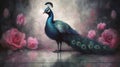 a painting of a peacock standing in front of a rose bush Royalty Free Stock Photo