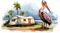 Expressive Pelican Illustration With Camper Truck And Palm Trees
