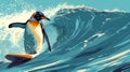 A painting of a penguin surfing on top of an orange surfboard, AI Royalty Free Stock Photo