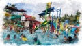 Painting - People activity in recreation pool