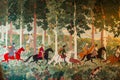 Painting of People Riding Horses Through a Forest, A medieval hunting party, complete with hounds and horses, AI Generated