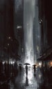 painting of people walking in the rain with umbrellas in night city Generative AI Royalty Free Stock Photo