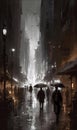 painting of people walking in the rain with umbrellas in night city Generative AI Royalty Free Stock Photo