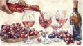 A painting of a person pouring wine into glasses with grapes, AI