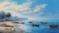 Painting of a picturesque beach with fishing boats