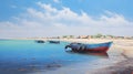 Painting of a picturesque beach with fishing boats